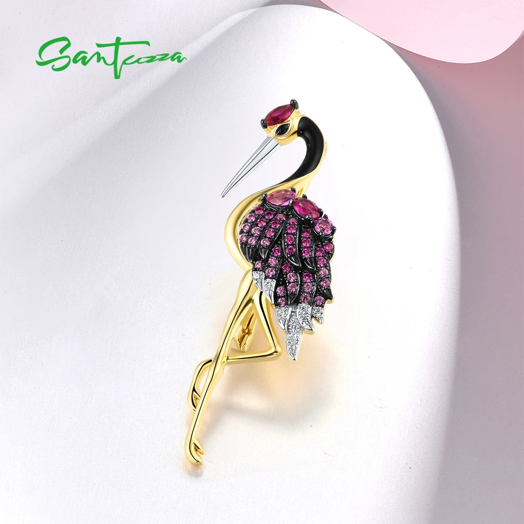 Pink Ruby Flamingo Brooch (Sterling Silver)