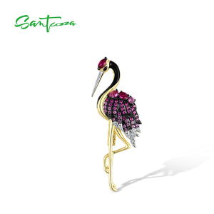 Pink Ruby Flamingo Brooch (Sterling Silver)