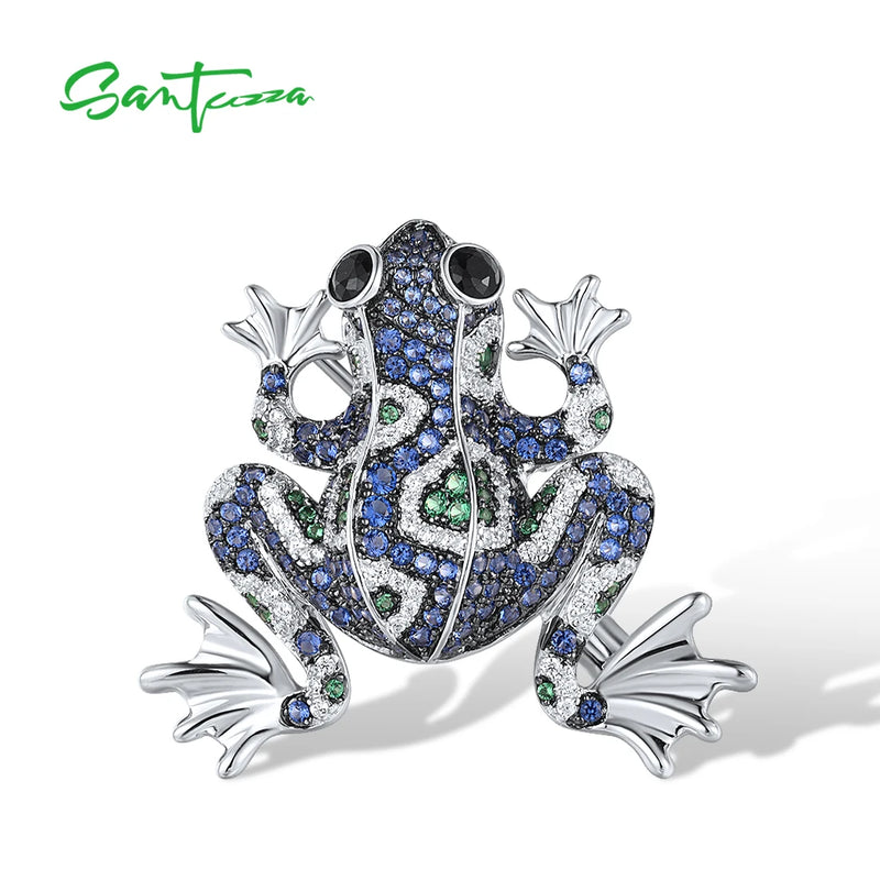 Blue Silver Frog Brooch