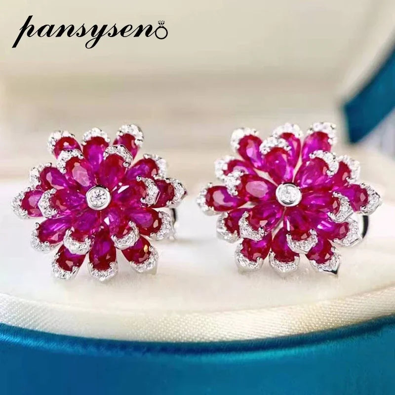 Vintage Ruby 925 Sterling Flower Earrings